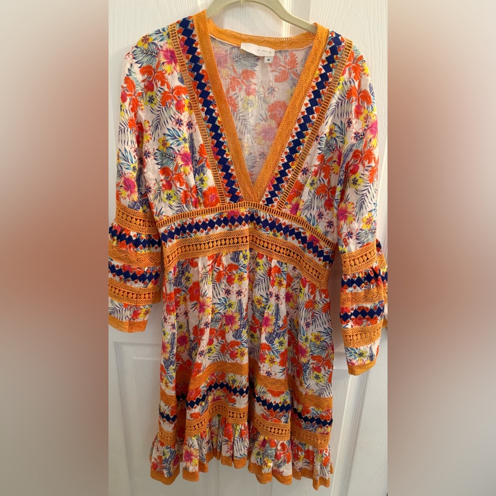 Colorful Floral Cotton/Linen V-Neck Midi Dress